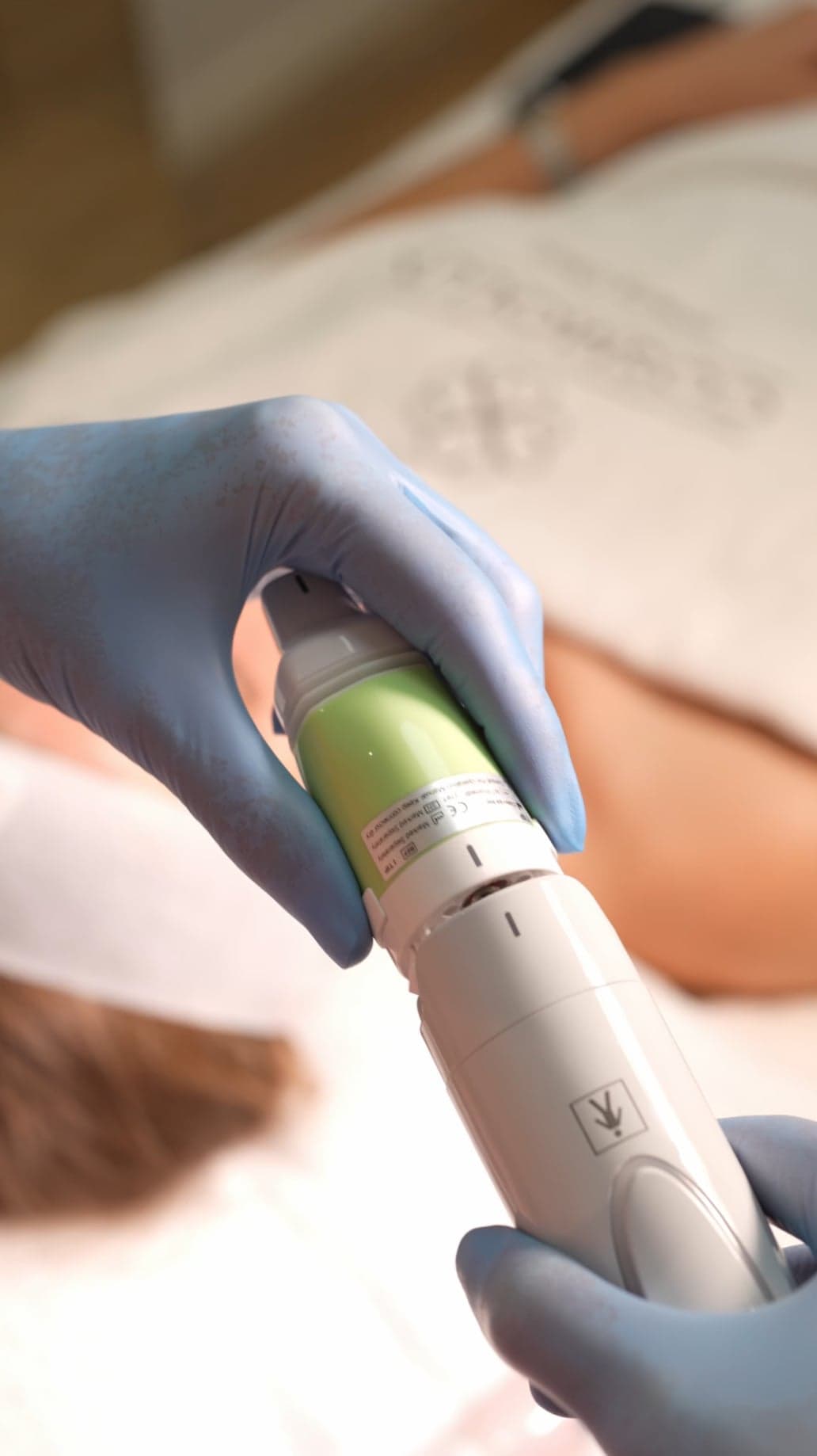Gloved hands fitting a cartridge to a treatment handpiece