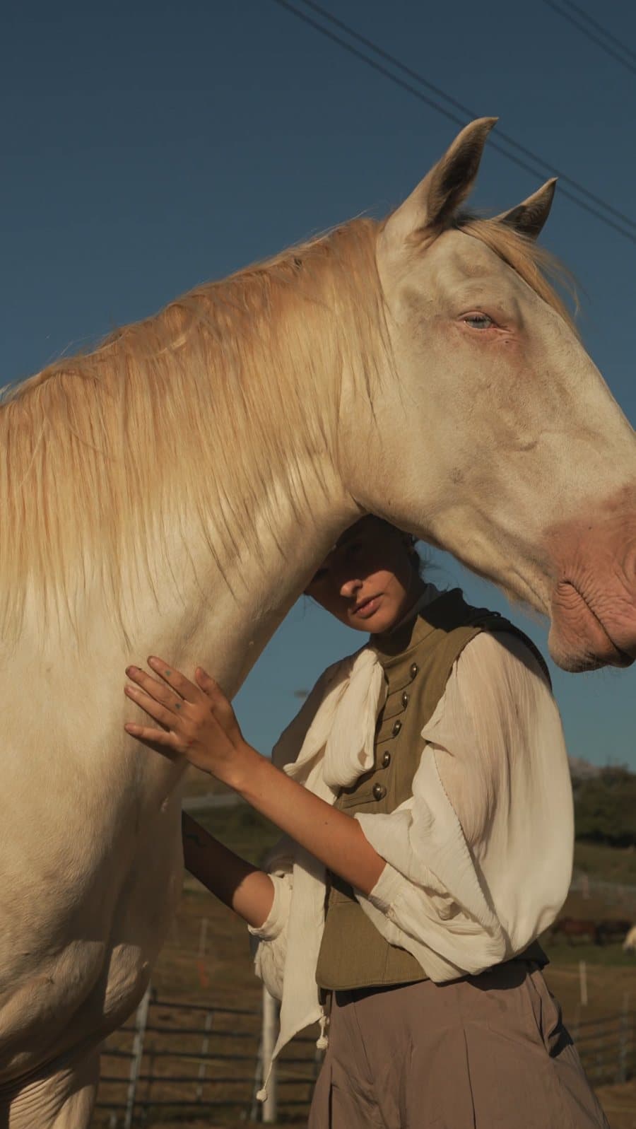 Woman beneath a palomino horse against a blue sky